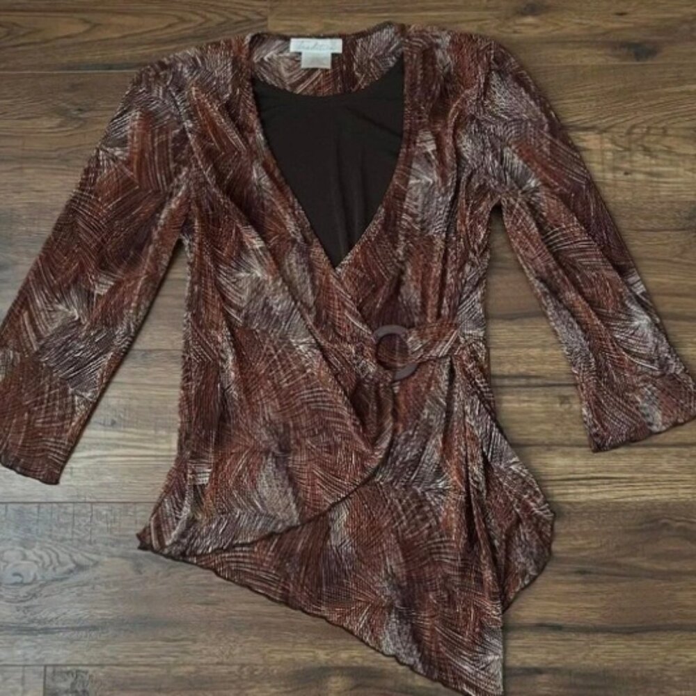 VTG Brown Metallic Wrap Top Asymmetrical Hem Size Women M Y2K